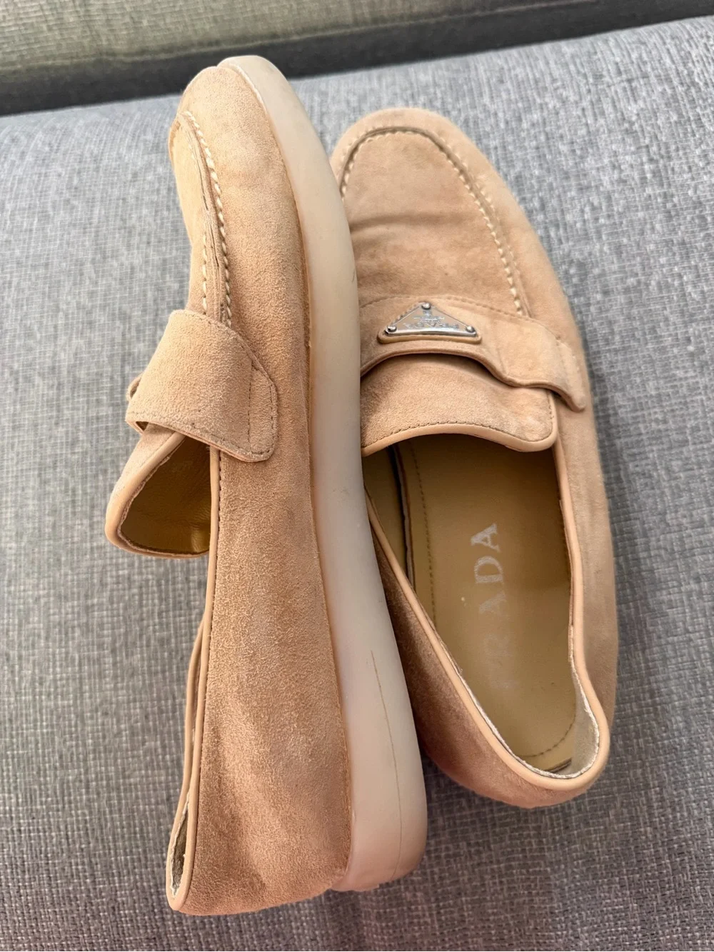 Prada Ecru Suede Loafers Metal Logo $1100